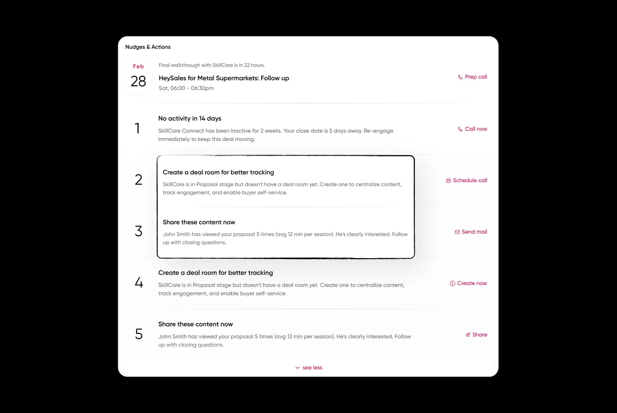 A nudge recommending a specific piece of content and a deal room at the moment it is most useful.