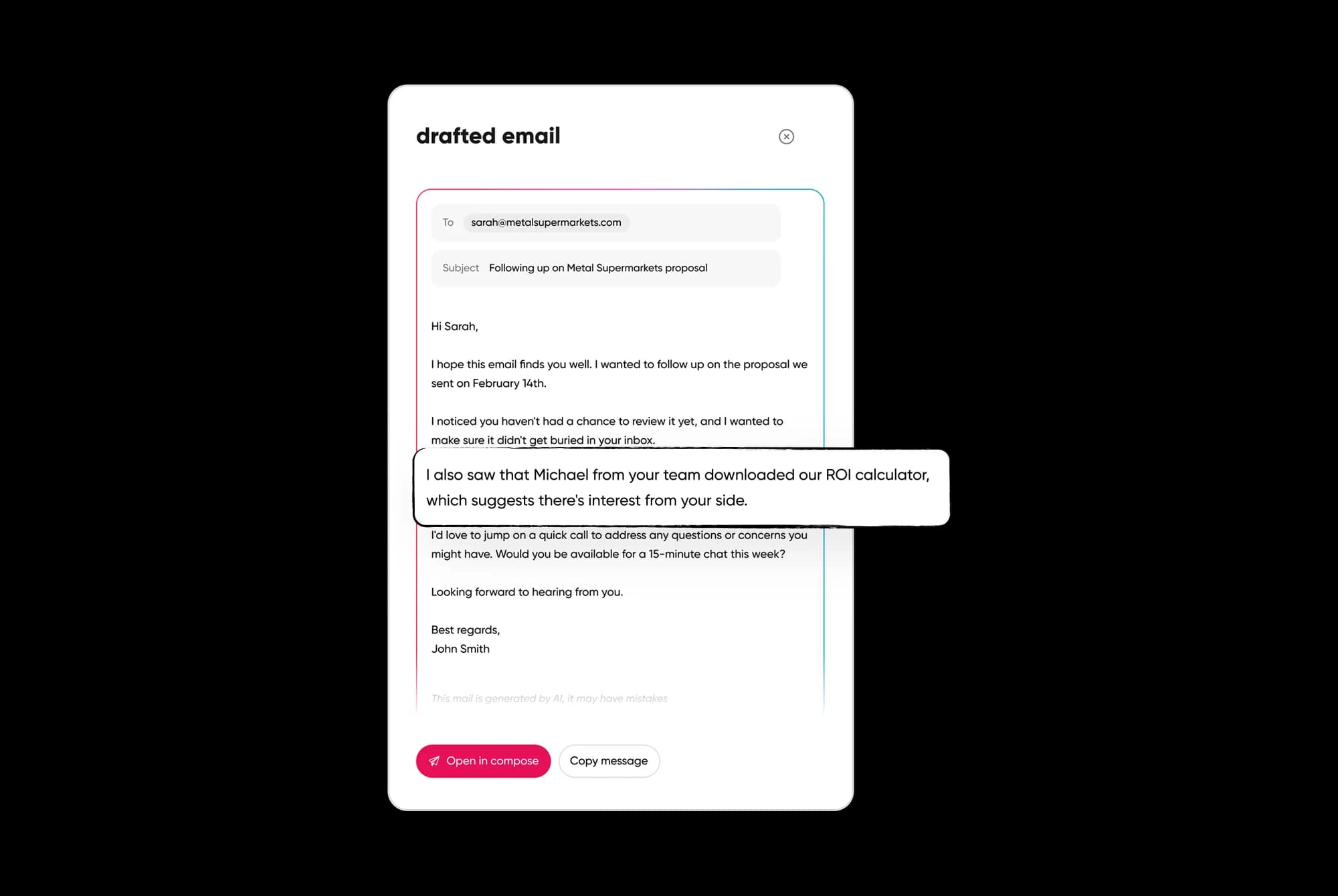 An AI-drafted follow-up that attaches the right content, ready for the seller to review and send.