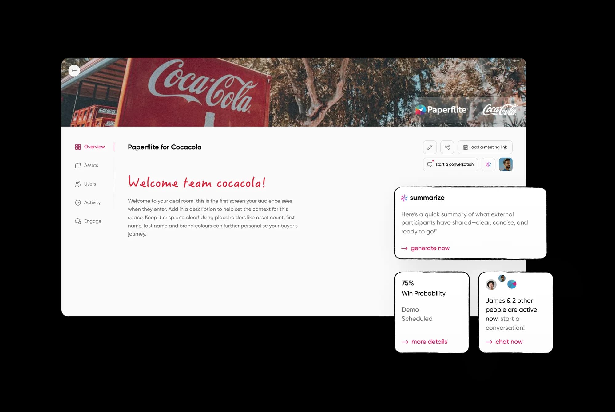 A deal room with an AI summary of buyer engagement, so the seller sees the story without reading every click.