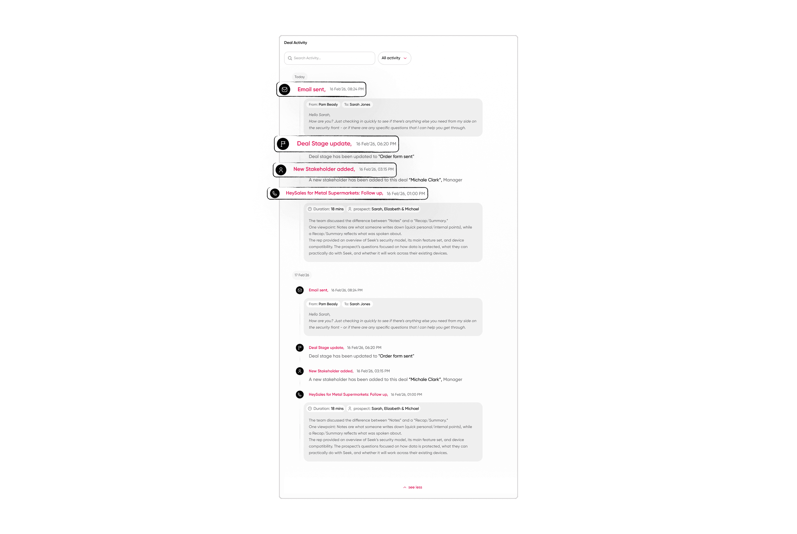 A full deal activity audit in pf1, assembled without the manager having to ask