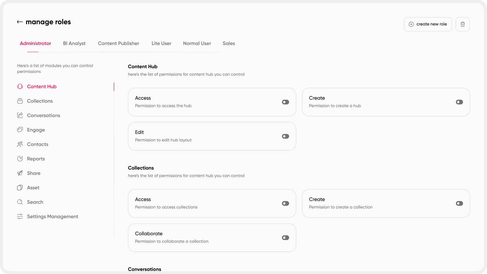 Paperflite role management permissions panel