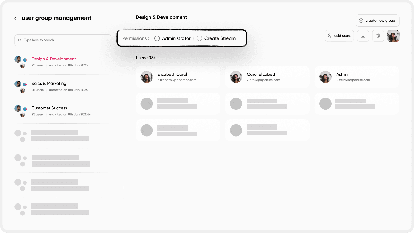 Paperflite user group management panel