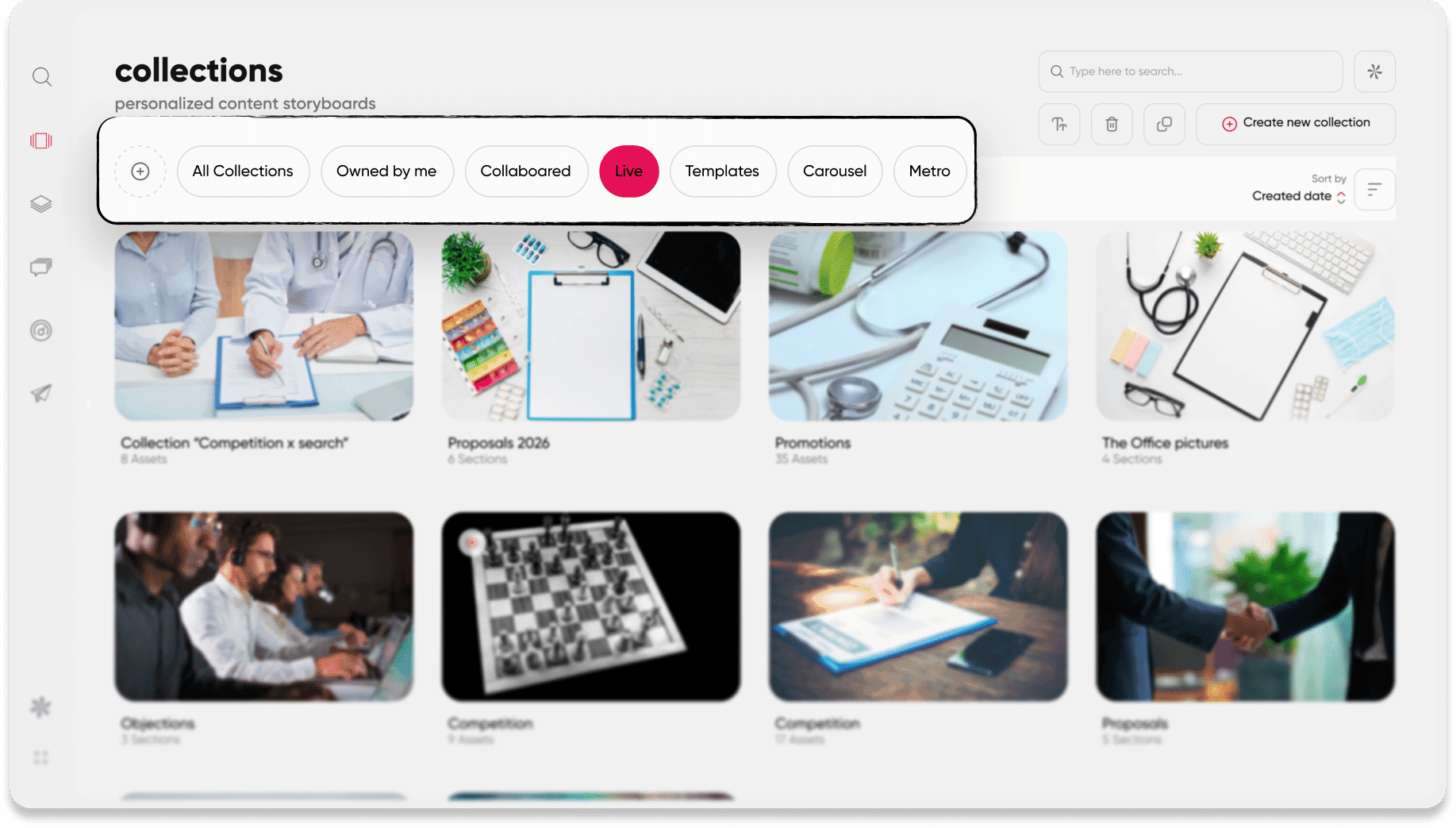 Collections bundle the assets for a specific play, so a rep can grab the whole healthcare CFO kit in one click.
