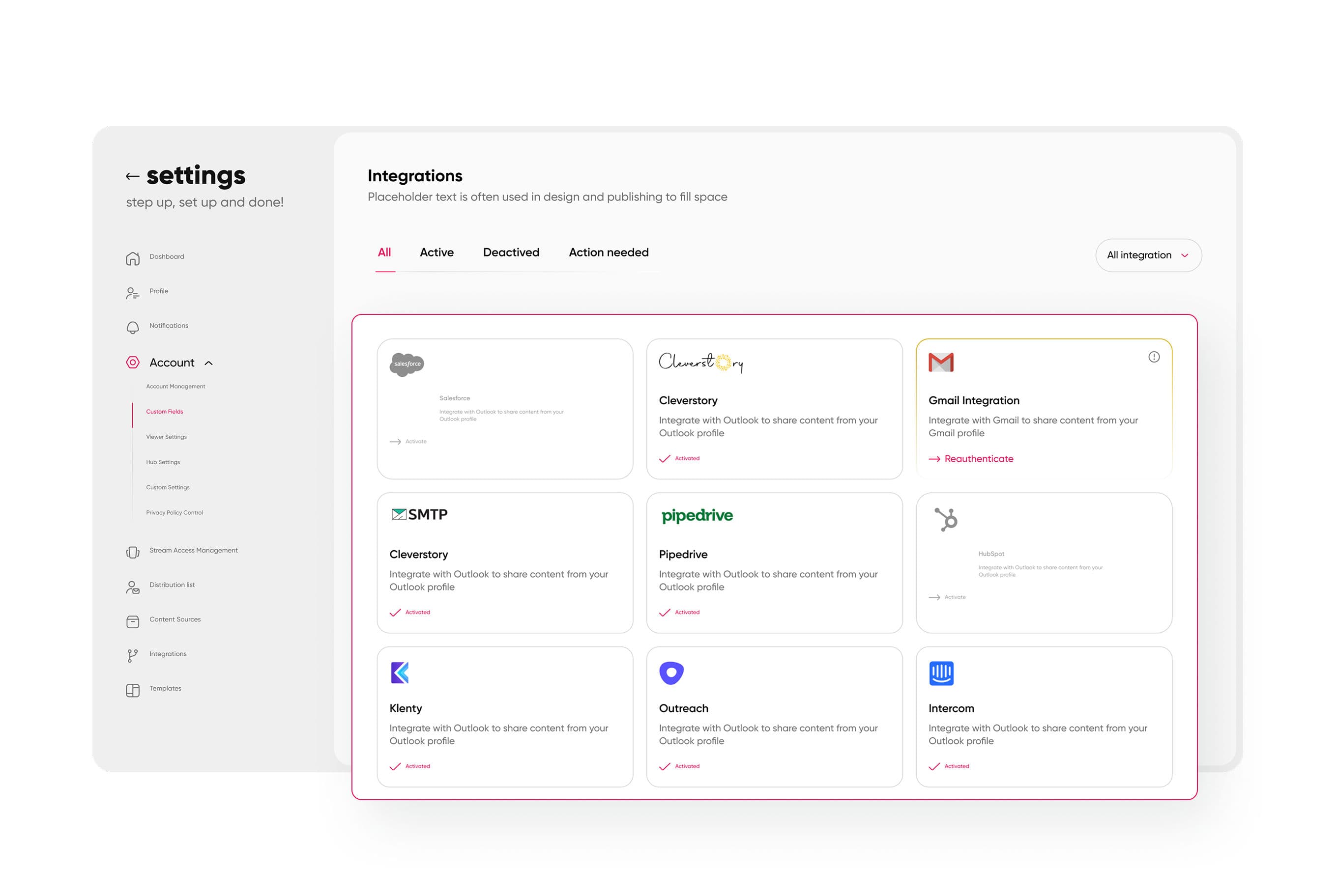 An integrations hub listing connected systems and their configuration state