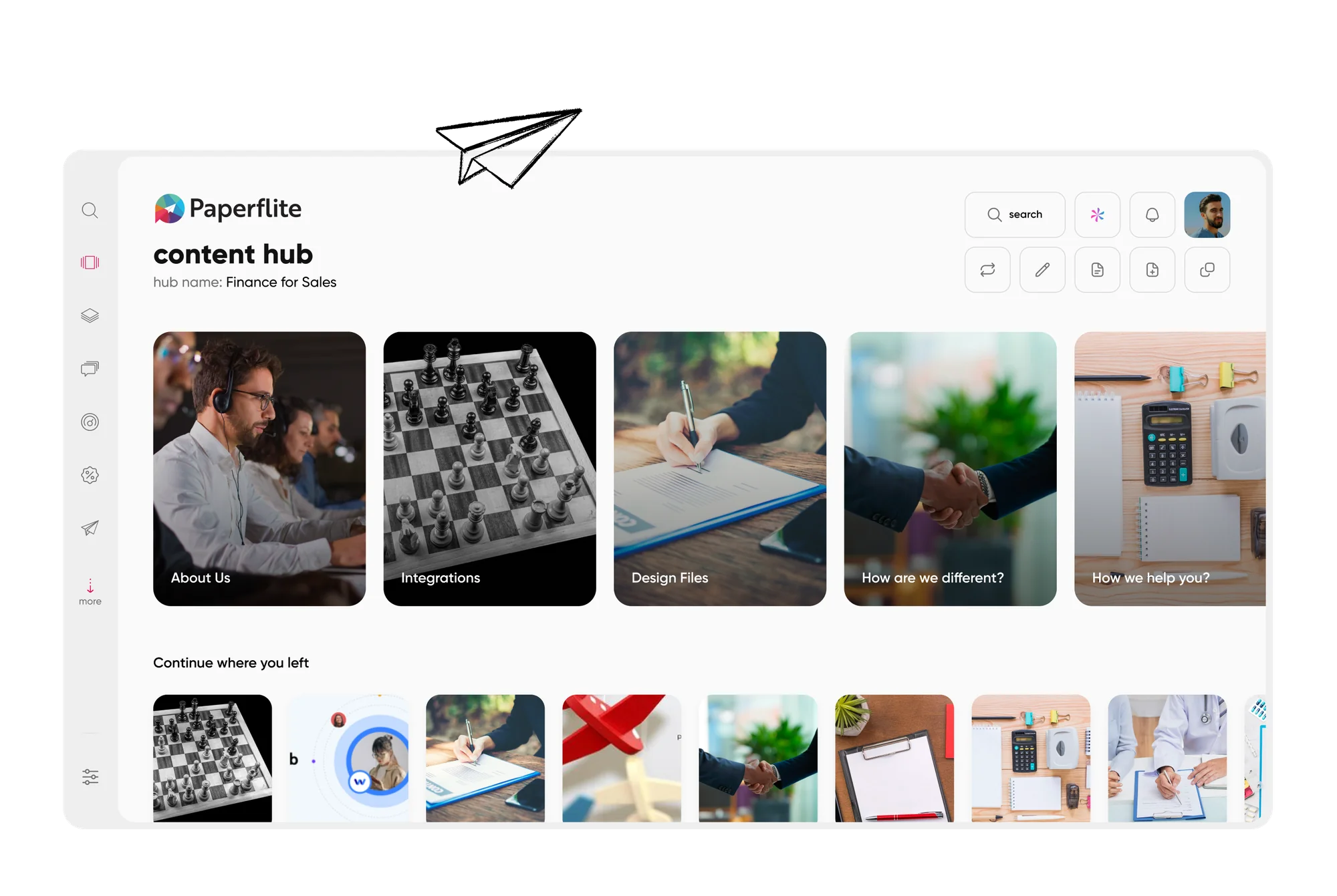 A centralized hub home screen with categories and a continue browsing row for fast return visits.