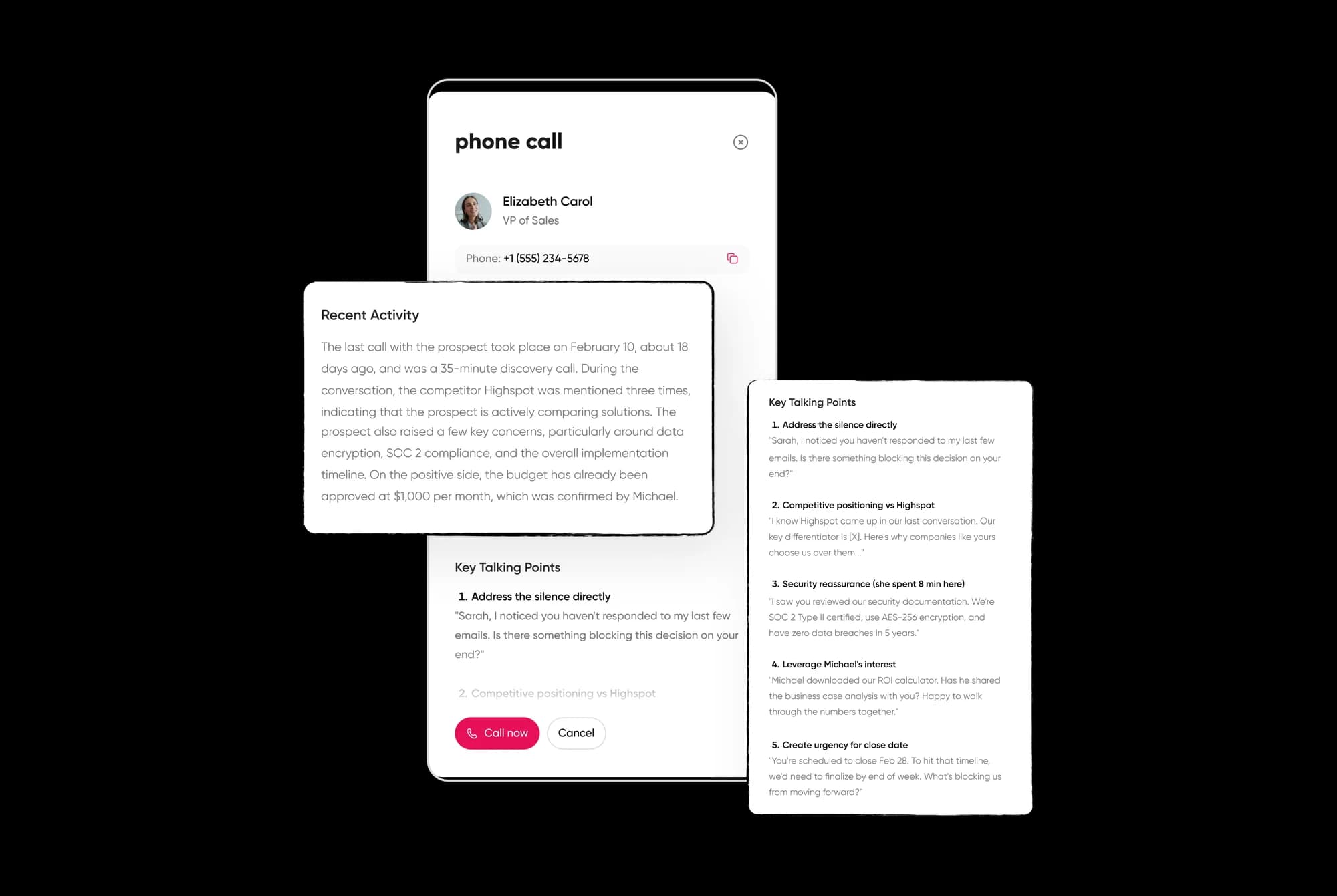 A pre-call intelligence brief assembled from deal and engagement context.