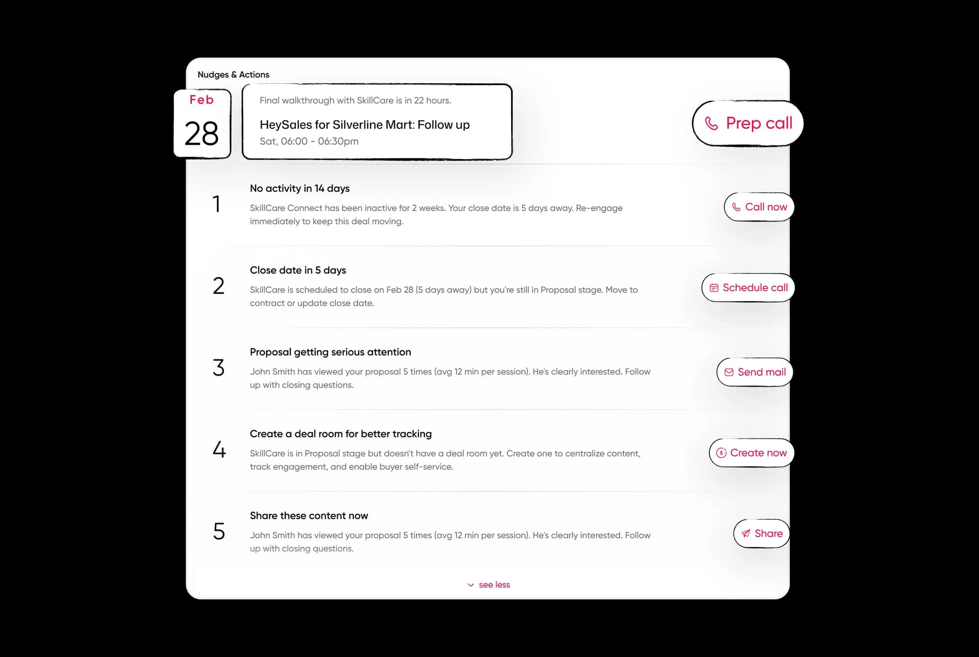 A daily action queue puts the next step for each deal in front of the rep.