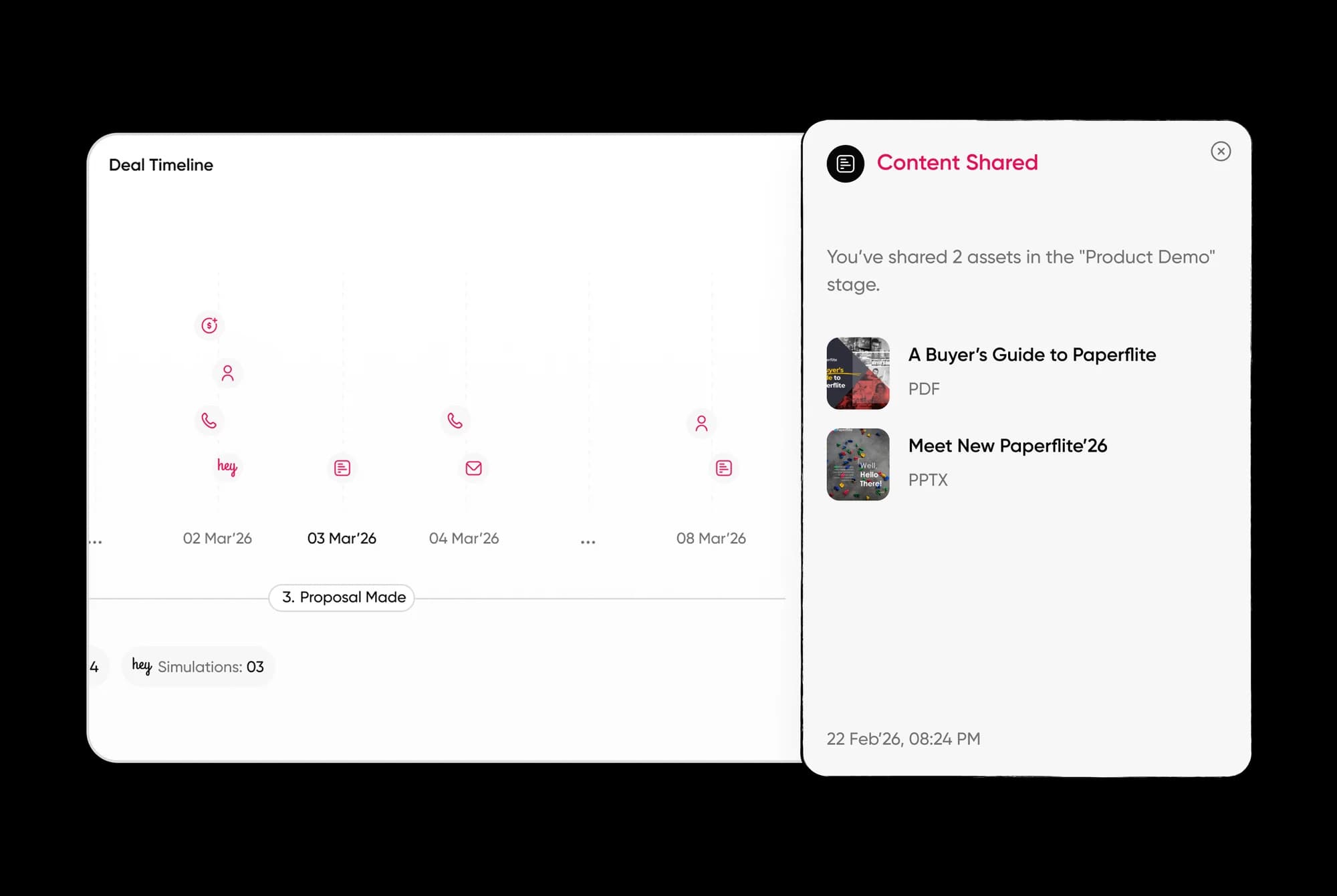 Content shared at each stage of a deal, visible to the account executive.