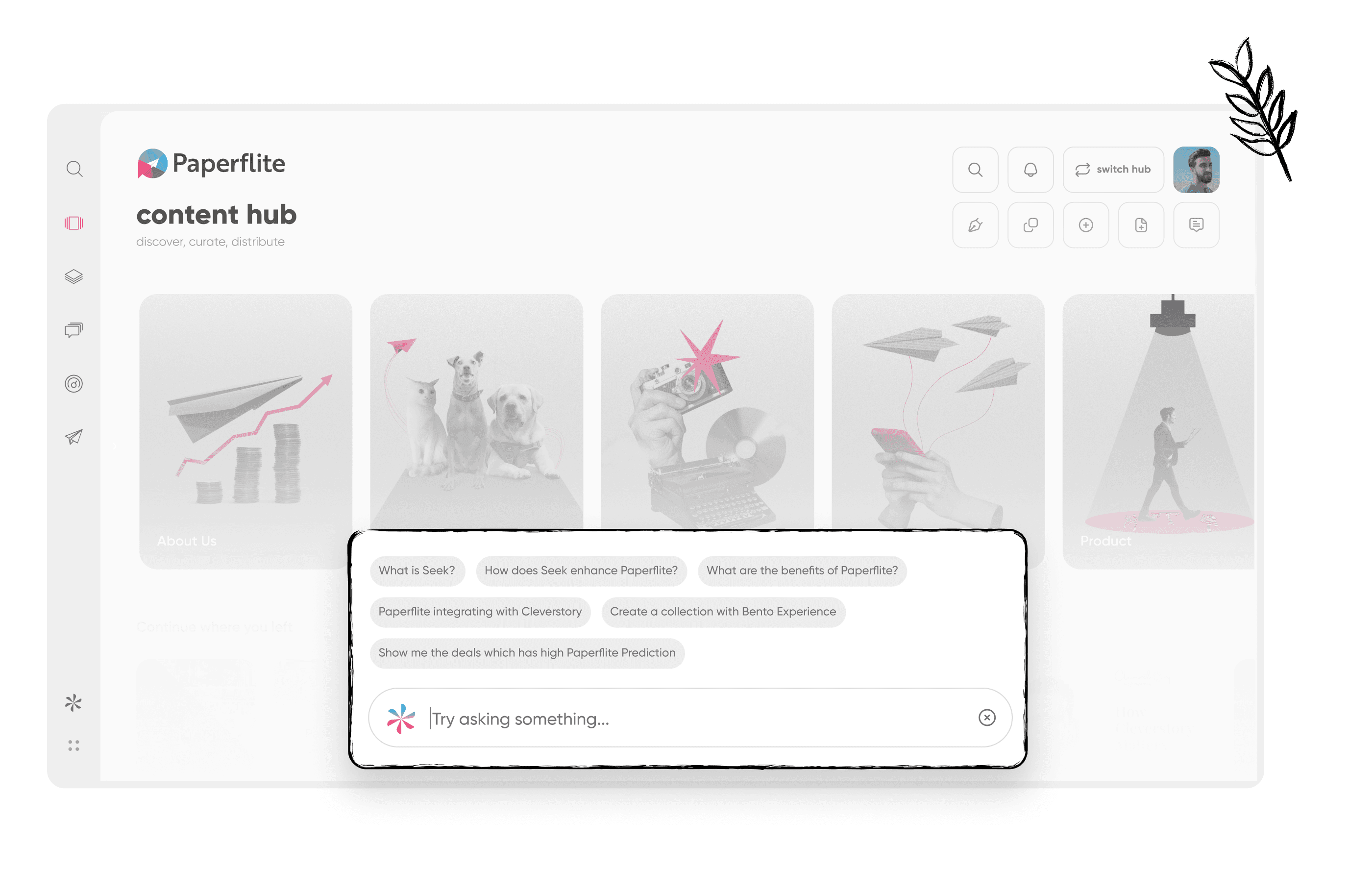 An ask-and-answer search panel with prompt suggestions over the pf1 content hub