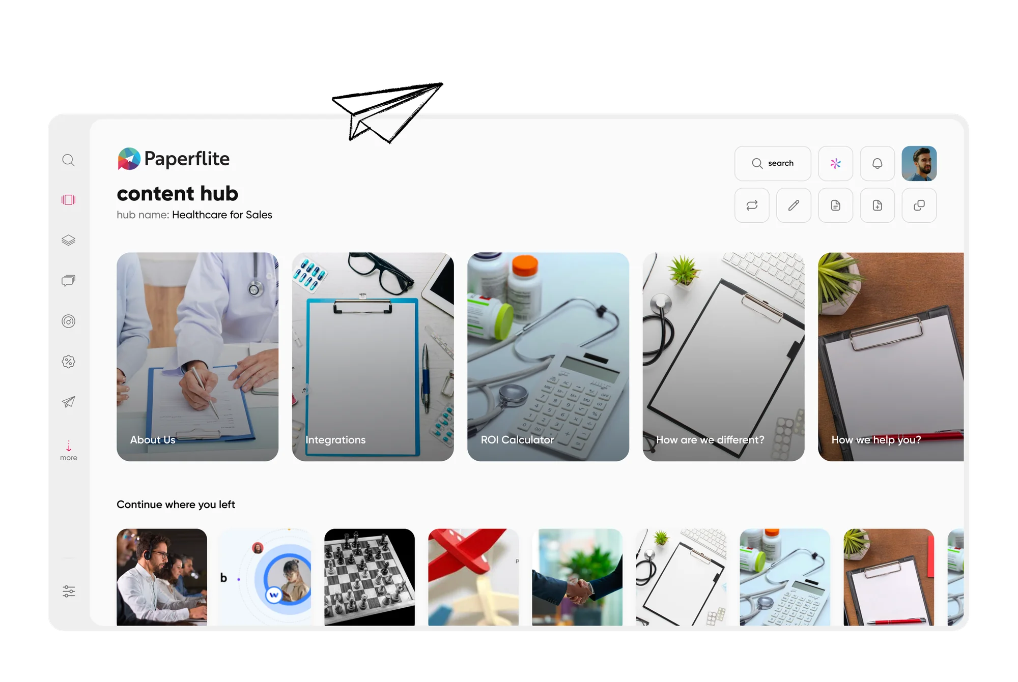 The content hub landing dashboard gives reps and admins one starting point for every asset.