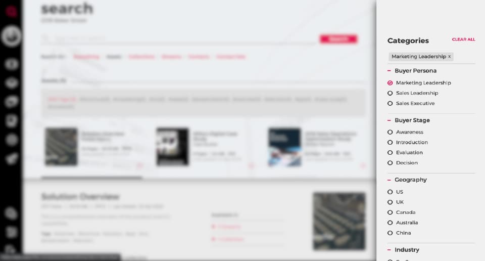 Screenshot highlights the categories section. The marketing leadership option is checked under the buyer persona column.